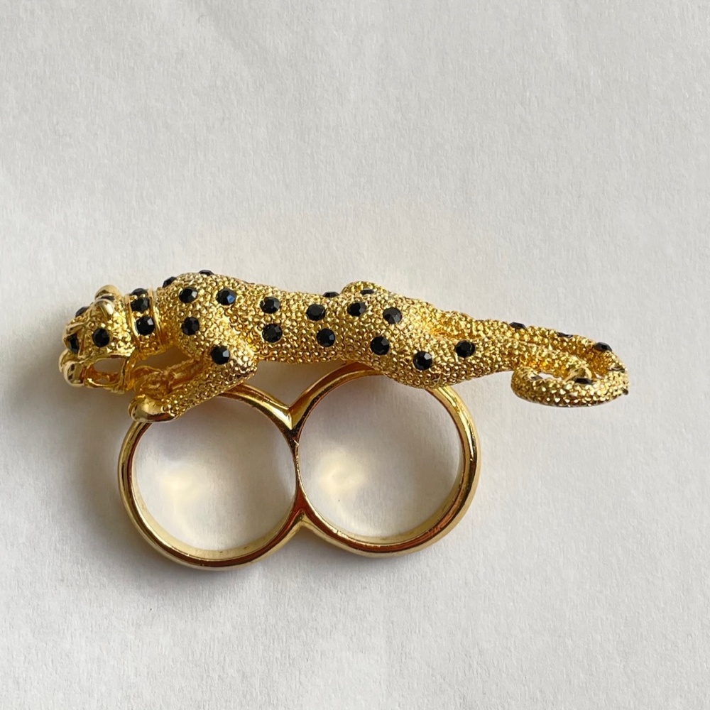 Two Fingers Gold Colour Ring with Panther and Stones Jewelry